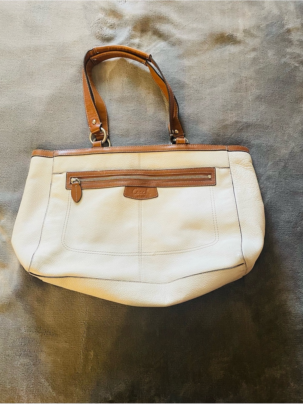 Coach Cream and Tan Leather Shoulder Tote with Front Zip Pocket - Damaged